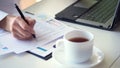 Cropped shot of woman's hand writing something while using laptop at desk. close up, on a white desktop there is a Royalty Free Stock Photo