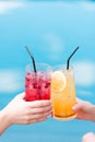 cropped shot of women clinking glasses of cocktails in front of