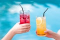 cropped shot of women clinking glasses of delicious cocktails in front of