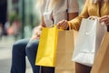 cropped shot of women with shopping bags sitting on bench in city, Group of women sitting on the bench with shopping bags, AI Royalty Free Stock Photo