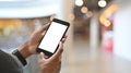 Cropped shot of young businessman holding crop black smartphone with white blank screen on hands. Royalty Free Stock Photo