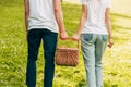 cropped shot of young couple holding picnic basket and walking Royalty Free Stock Photo