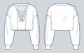 Cropped Sweatshirt technical fashion illustration. Lace-up Sweatshirt fashion flat technical drawing template, V-neck