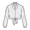 Cropped tie-front shirt technical fashion illustration with notched lapel collar and long sleeves.