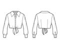 Cropped tie-front shirt technical fashion illustration with oversized collar and long sleeves.
