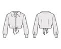 Cropped tie-front shirt technical fashion illustration with oversized collar and long sleeves.