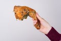 Cropped turned closeup photo of hand stretching greasy tasty delicious yummy chicken with spice isolated grey background copy