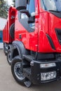 Cropped vertical photo element of cabin agriculture truck with red deliver container Royalty Free Stock Photo