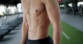 Cropped view on athletic shirtless male body with abs and obliques at gym