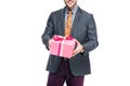 cropped view of beardman holding pink present