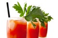Cropped view of bloody mary with ice cubes with celery on white Royalty Free Stock Photo