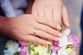 Cropped view of bride and groom showing wedding rings and holding hands on bridal bouquet from pink and white roses. Hand od bride