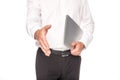 Cropped view of businessman with laptop giving hand isolated on white Royalty Free Stock Photo