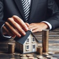 Cropped view of businessman touching roof of house model near stacked coins. Generated AI Royalty Free Stock Photo