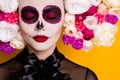 Cropped view close-up portrait of her she nice beautiful creepy spooky lady modern perfect violet make-up Santa Muerte