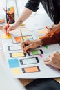 Cropped view of designers using layouts for user experience design of mobile website