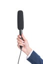 cropped view of female hand holding microphone for interview, Royalty Free Stock Photo