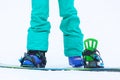 Close up of girl`s legs with snowboard and bindings.