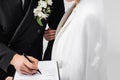 Cropped view of groom signing wedding Royalty Free Stock Photo