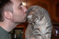 Hansome man kissing forehead cute grey tabby cat at home