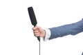 cropped view of male hand holding microphone for interview, Royalty Free Stock Photo