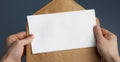 Cropped view of man holding craft envelope with blank white card Royalty Free Stock Photo