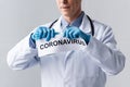 Cropped view of mature doctor in latex gloves tearing paper with coronavirus lettering