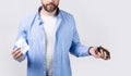 cropped view of moneyless man with wallet at hand. photo of moneyless man with wallet. Royalty Free Stock Photo