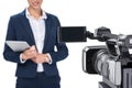 cropped view of newscaster with digital tablet standing in front of camera,