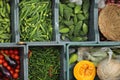 Cropped view of open vegetable boxes together on temporary vendor shop for selling vegetables.