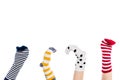 Cropped view of people with colorful sock puppets on hands Isolated On White with copy space.