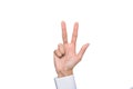 Cropped view of person gesturing signed language or showing three sign