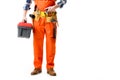 Cropped view of repairman holding tool box in orange overall Royalty Free Stock Photo