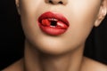 cropped view of seductive woman with red lipstick in mouth Royalty Free Stock Photo