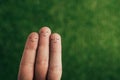 cropped view of smiling human fingers on green.