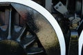 Cropped view of Wheel,sokes, gears on antique steam train engine Royalty Free Stock Photo