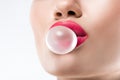 cropped view of woman with bubble of chewing gum Royalty Free Stock Photo