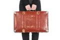 Cropped view of woman in jeans holding vintage suitcase isolated on white. Royalty Free Stock Photo