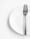 Cropped white plate and fork on white