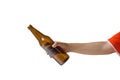 Cropped of woman hand holding beer bottle without label isolated on white background. Royalty Free Stock Photo