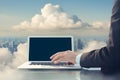 Cropper views the hands of businessperson holding a laptop stands above the clouds. AI Generated Royalty Free Stock Photo