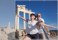 Cropping for social networks post photo of young couple on antique ruins