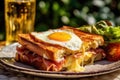 Croque monsieur with humble cheese, fried egg and ham toastie as a gourmet fare