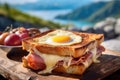 Croque monsieur with humble cheese, fried egg and ham toastie as a gourmet fare