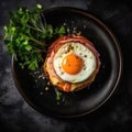 Croquemadame On A Black Ornate Round Smooth Plate, French Dish. Generative AI Royalty Free Stock Photo