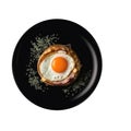 Croquemadame On Black Smooth Round Plate, French Dish. Generative AI Royalty Free Stock Photo