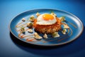 Croquemadame On A Blue Abstraction Round Plate French Dish Royalty Free Stock Photo