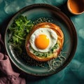 Croquemadame On A Green Abstraction Round Plate, French Dish. Generative AI Royalty Free Stock Photo