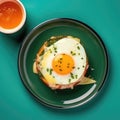Croquemadame On A Green Round Plate, French Dish. Generative AI Royalty Free Stock Photo