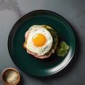 Croquemadame On Green Smooth Round Plate, French Dish. Generative AI Royalty Free Stock Photo